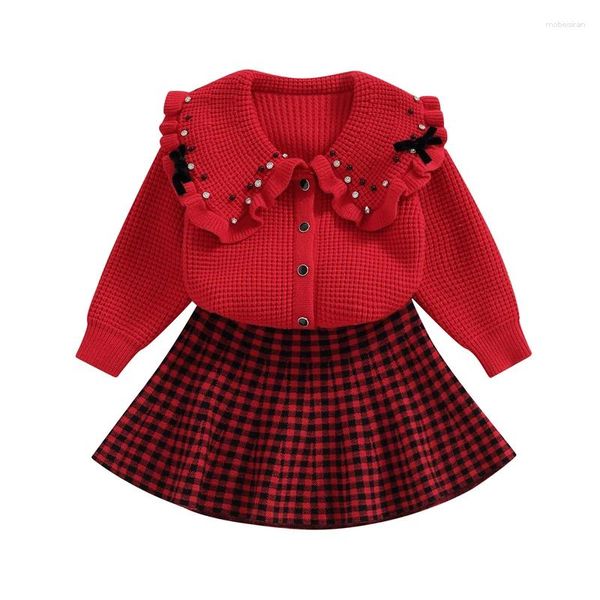 Conjuntos de ropa Niños Niñas Primavera Otoño Traje elegante Botón de manga larga Suéter de punto Cárdigan y conjunto de falda de una línea a cuadros casual