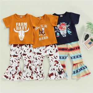 Kledingsets Kids Girls Summer Outfit Kleding Korte Mouw Cattle Head Print Tops Geometrisch Patroon/Cow Flared Pants