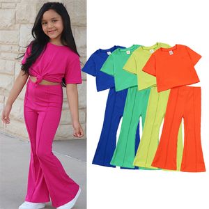 Ensembles de vêtements enfants filles tenue d'été enfant en bas âge à manches courtes t-shirt hauts pantalons évasés leggings 2pcs ensemble mignon vêtements pour enfants 230704