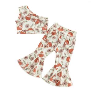 Ensembles de vêtements pour enfants filles, tenues d'été, tête de taureau, imprimé Floral, débardeur à une épaule et pantalons évasés élastiques décontractés