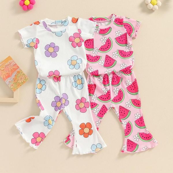 Ensembles de vêtements pour enfants filles Summer Summer Floral / Watermelon Print à manches courtes T-shirt et pantalon poussée élastique Vêtements de 2 pièces