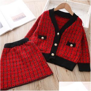 Ensembles de vêtements Enfants Filles Pull Ensemble Automne Hiver Épais Chaud Vêtements Tricotés Mode Fille Classique Vêtements Costume Cardigan Et Jupe1 B Dhbes