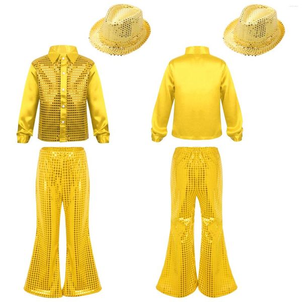 Vêtements Ensembles Kids Hip Hop Jazz Dance Costumes Boys Girls Girls Modern Disco Stage Performance Shiny Sequin Long Manches à manches longues avec pantalon évasé