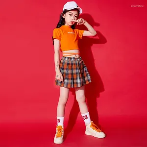 Ensembles de vêtements pour enfants, tenues Hip Hop pour filles, haut court orange, jupe à carreaux, Streetwear d'été, Costume de danse pour adolescents de 4 à 16 ans