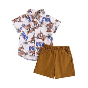 Conjuntos de ropa para niños, bebés, trajes de verano con estampado de cabeza de toro, camisa con botones de manga corta y pantalones cortos elásticos, conjunto de ropa 1-5T