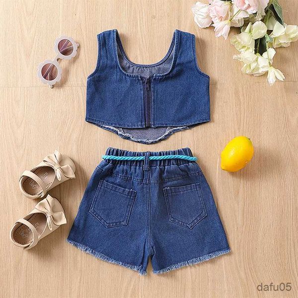 Conjuntos de ropa para niños Baby Baby Baby Fits Summer Jeans Jeans Toques de tanques y pantalones cortos de mezclilla de mezclilla elástica de mezclilla de 2 piezas R230815