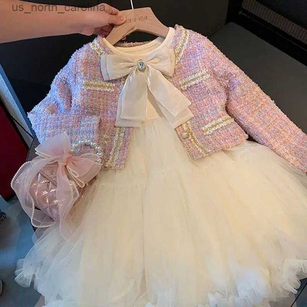 Conjuntos de ropa Conjuntos dulces para niños Conjuntos de ropa de princesa para niñas 2 piezas Primavera Otoño Abrigo de moda para niños + Vestido Trajes vintage Traje R231106