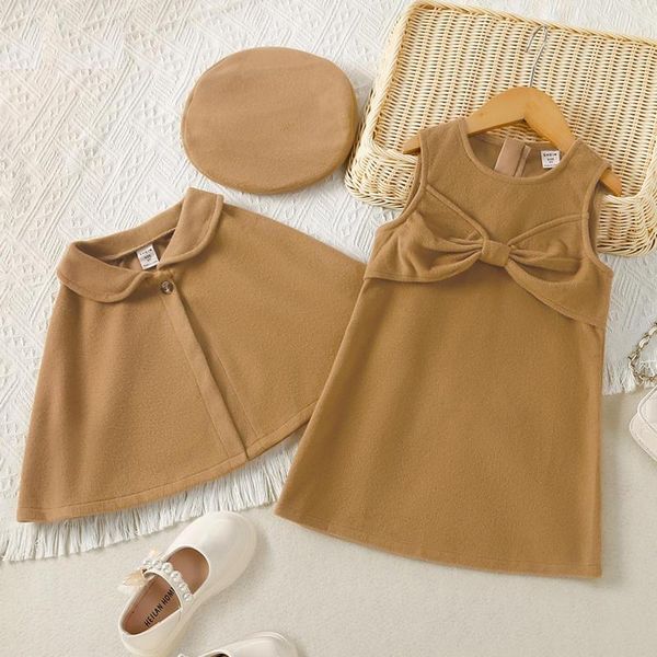 Conjuntos de ropa Niños Niños pequeños Niños Bebés Niñas Sin mangas Bowknot Princesa Vestido Sólido Capa Abrigo con camisa Traje Lindo Leggings Adolescente