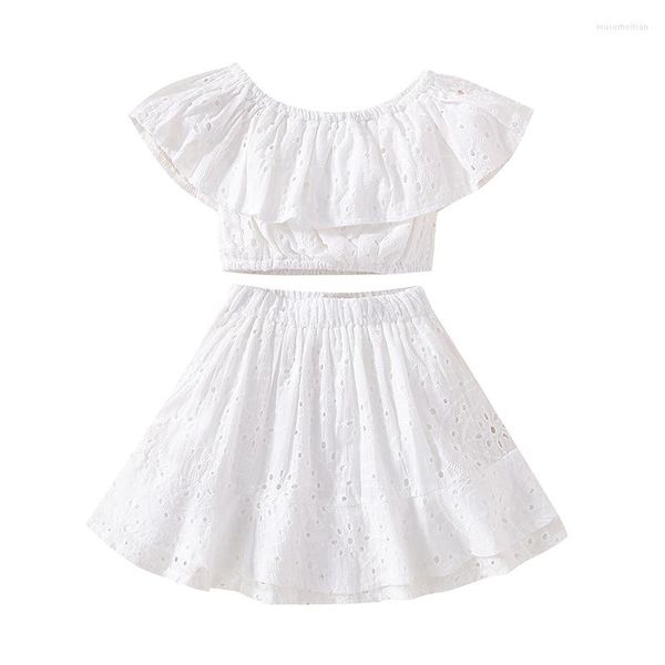 Conjuntos de ropa para niños y niñas, ropa con hombros descubiertos, Top corto sin mangas, conjunto de falda con volantes, vestido de verano de fiesta de princesa blanco sólido