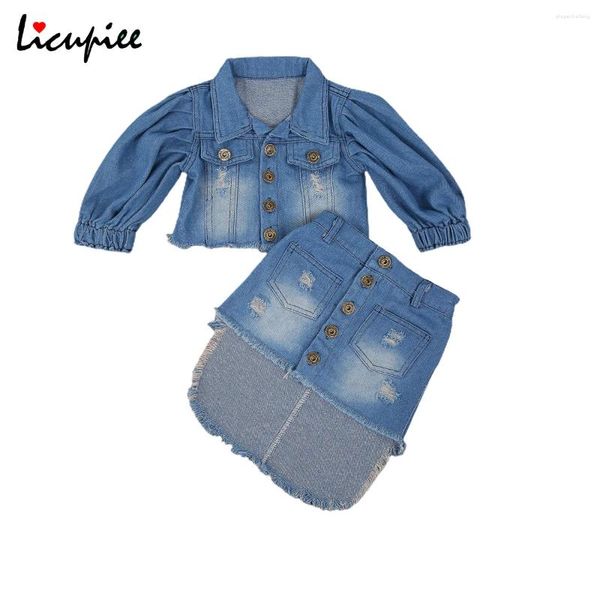 Vêtements Ensembles Kids Two Piece Clothes Set Girls Blue Fashion Baby Girl Girl Puff Sleeve Open Front Denim Veste Irréguleux Jupe d'ourlet Irrégulet 1-6 ans