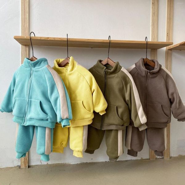 Conjuntos de ropa Niños Cálido Fleece Chándal Patchwork Rayas Cuello alto Grueso Cremallera Abrigo Elástico Cintura Jogger Pantalones 2pcs Niñas Niños Invierno