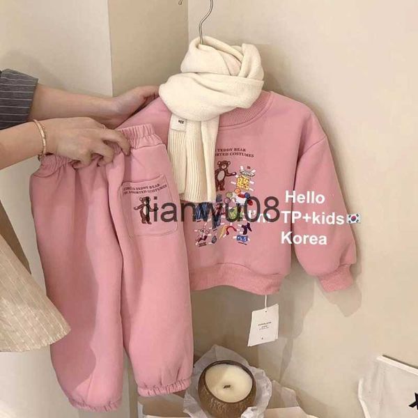 Conjuntos de ropa Ropa de invierno para niños Ropa de invierno Linda Cerveza de dibujos animados Traje de sudor Bebé Niños Niñas Sudadera Pantalones de chándal Conjunto de dos piezas Agregar lana para espesar x0828