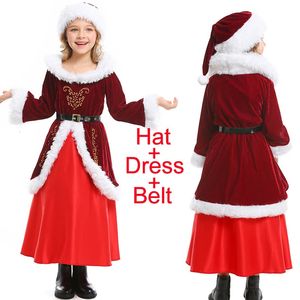 Ensembles de vêtements Enfants Année Fête Noël Scène Performance Cosplay Costume Vin Rouge Longue Robe Mignonne Fille De Noël Robe avec Chapeau et Ceinture 231110