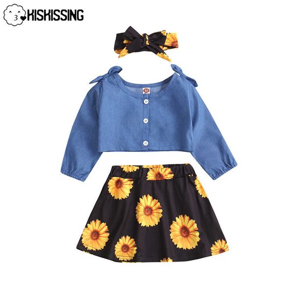 Conjuntos de ropa Kiskissing conjuntos de niña pequeña otoño madre niños ropa casual moda blusas de mezclilla faldas de girasol encanto traje para niños W230210