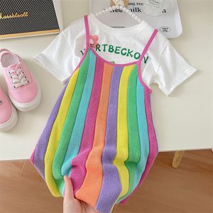 Kledingsets Korea zomer Kinderkleding voor babymeisjes schattig konijn t -shirt regenboog gebreide jurk 2 -delige set kawaii rok sets 230520