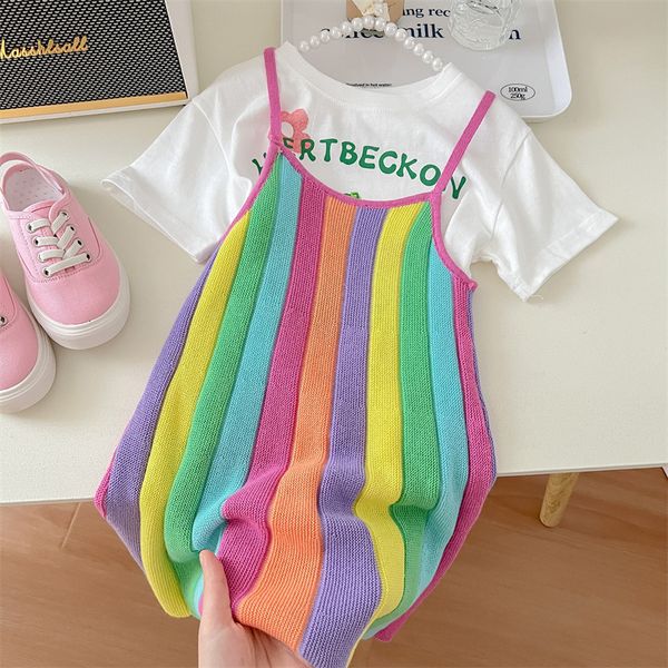 Conjuntos de ropa, ropa de verano de Corea para niños, camiseta de conejo bonito para niñas, vestido de punto arcoíris, conjunto de 2 piezas, conjuntos de falda Kawaii 230520