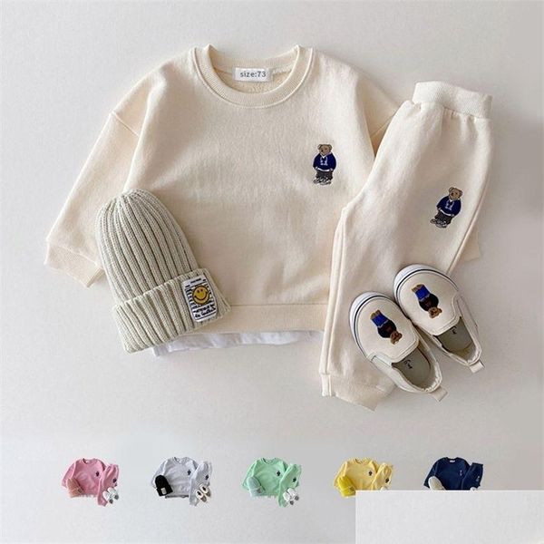 Sets de ropa Corea Nittler Outfits Baby Boy Situitio de bordado Cute Bordado de la cabeza del oso Pantalones 2 PCS Sport Traje para niñas para niñas S Dhzuq