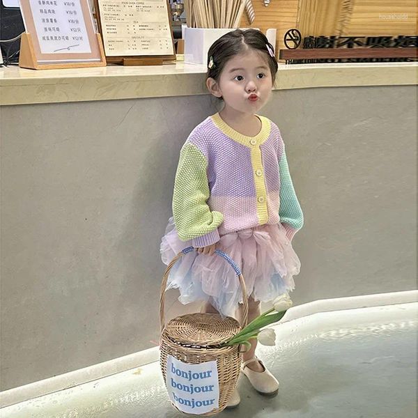 Ensembles de vêtements coréens pour enfants filles, 2 pièces, pull, jupe gâteau, joli, doux, coloré, assorti avec tout, simple boutonnage, automne 2024