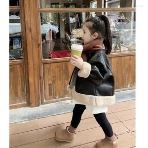 Conjuntos de ropa Coreano 2024 Otoño Invierno Niños Niña 2 piezas Conjunto de ropa Cálido Cordero Abajo Chaqueta de cuero Acanalado Sollid Leggings Kid Girls