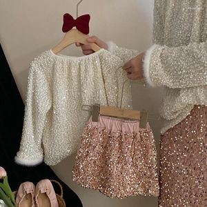 Ensembles de vêtements coréens 2024 Spring Autumn Children Girl 2pcs Vêtements Ensemble Coton Sweet Top Pink Sequin Jirt Toddler costume
