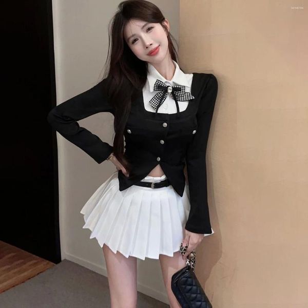 Ensembles de vêtements coréens américains chérie spicy girl uniforme costume printemps patchwork collier noire top arc jupe plissée blanche avec