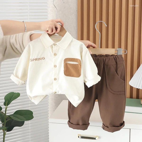 Ensembles de vêtements Korean Baby Boy Infant 2024 Spring Fashion Pockwork Pocket Pocket Long Manches Shirts and Pantal