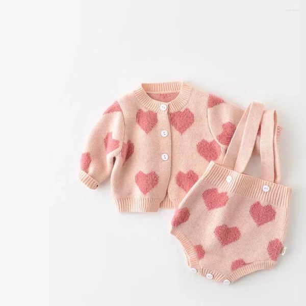 Conjuntos de ropa Bebés coreanos Amor Jacquard Suéter Chaqueta Triangular Mono Lana Conjunto de dos piezas Manga larga Punto Cardigan Abrigos