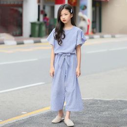 Ensembles de vêtements coréens pour grandes filles, tenues d'été deux pièces pour enfants, manches à volants rayées, pantalons à jambes larges, à la mode, pour adolescentes, 2024