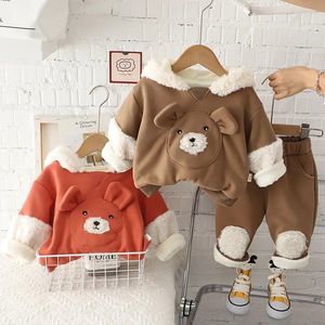 Ensembles de vêtements coréens enfants garçon hiver 2pcs vêtements ensemble dessin animé ours coton polaire sweats à capuche patchwork pantalon infantile garçons tenues bébé