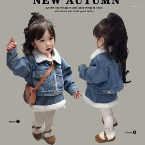 Kledingsets Koreaanse kinderen Denim Pak Girls Dikke warme jas vest met één borsten met één borte jagen rok tweedelige kinderkleding