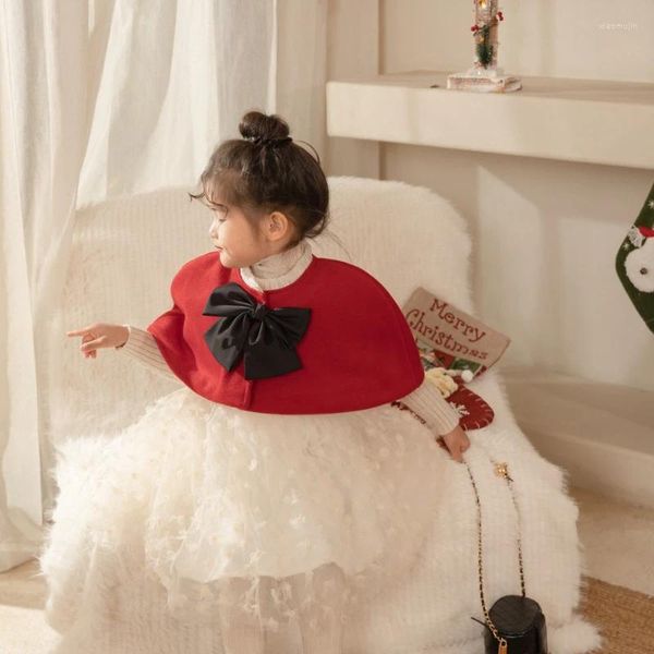 Ensembles de vêtements Korean Children Girl Automne et Winter Wainen Bow Veste Jackirt Two-Piece Set 2024 TRENDY RED Cape Robe