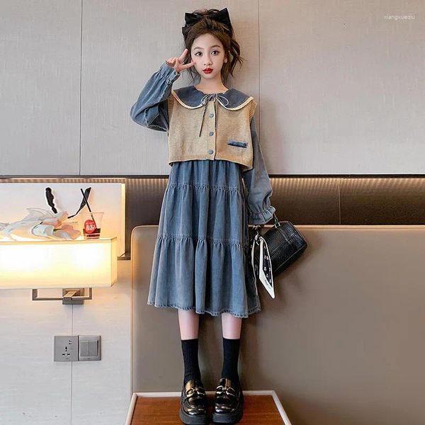 Conjuntos de ropa para niños coreanos 2023 primavera otoño falda de mezclilla adolescente niña vestido de dos piezas de manga larga niño de 2 piezas