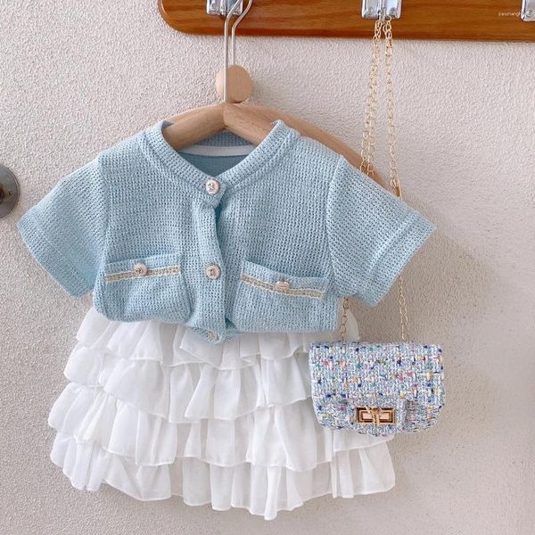 Conjuntos de ropa Niños coreanos 2023 Summer Girls' Pequeño Cardigan de punto Little Cake Falda Conjunto de dos piezas