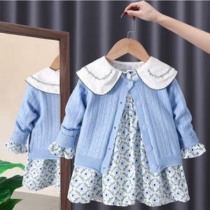 Conjuntos de ropa Ropa para niños coreanos 2023 primavera Pastoral suéter de dos piezas conjunto a juego vestidos florales de algodón para niños para niñas de 1 a 6 años 230830
