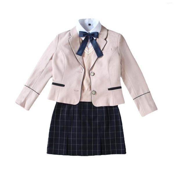 Conjuntos de ropa Estudiante universitario coreano Otoño Invierno Traje Uniforme Chaqueta rosa Suéter Chaleco Rejilla Falda corta Trajes Chica Escuela JK Vestidos