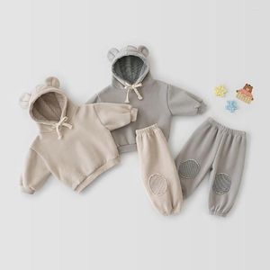 Conjuntos de ropa Ropa infantil linda coreana Sólido Sudadera con capucha de manga larga Pantalones Niños 2 piezas Traje cálido casual Bebé niño niña Otoño