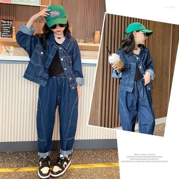 Ensembles de vêtements coréens Girl Cotean Girl Single-Basted Denim Cost Coats Jeans pantalon Set Teenager School Childre