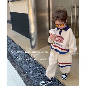 Clothing Sets Korean Kid Set Baby Boy Suit 2023 Spring Autumn Fashion Letter Print Girls 2pcs Outfits Clothes Lapel Cotton Sweater Pant 230307