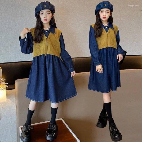 Conjuntos de ropa Coreano Primavera Otoño Junior Girl 2PCS Conjunto de ropa Adolescente Denim Manga larga Vestido de una sola pieza Chaleco de punto Niñas 4-12 años