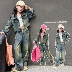 Ensembles de vêtements coréens Spring Automne Écolier Girl Denim Suit adolescent Pantalon de veste à poitrine