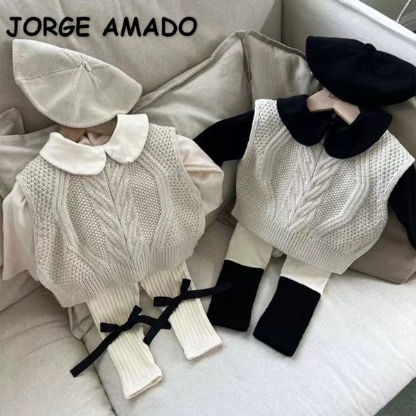 Conjuntos de ropa Estilo coreano Otoño Ropa de niña de manga larga Cuello redondo Albaricoque Café Chaleco de punto Leggings Camisas con fondo E1520 230203