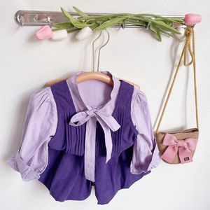 Ensembles de vêtements Style coréen pour filles, costumes pour enfants, col montant, chemise à manches longues, gilet en velours côtelé, short trois pièces mignons