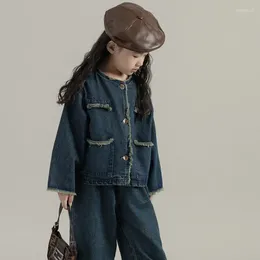 Conjuntos de ropa estilo coreano primavera otoño chico niña manga larga chaqueta vaquera pierna ancha pantalones de Color sólido niños vaquero