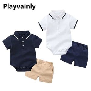 Ensembles de vêtements de style coréen Baby Boy Boy Casual 2pcs Set White Navy Blue Polo Coll Body à manches courtes + shorts Childre