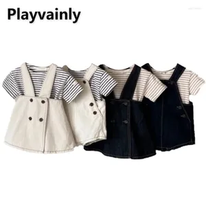 Ensembles de vêtements Style coréen Été Bébé Fille Garçon Vêtements Col Rond Noir Café Bleu T-shirts Beige Salopette Foncé Enfant E254