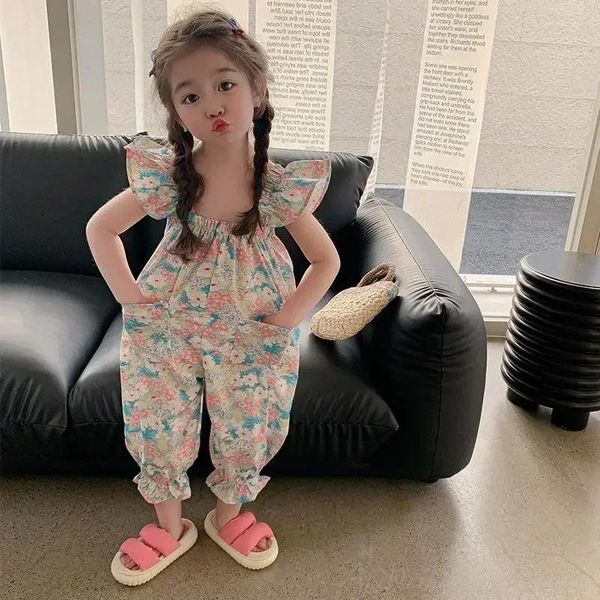 Ensembles de vêtements coréens à sauts d'été mignons mignons girls princesse coton pantalon rose bleu enfant en bascule