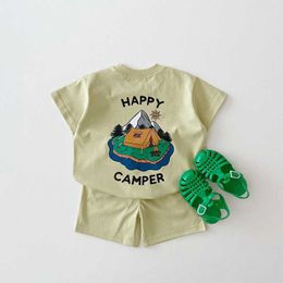 Sets de ropa Set de verano coreano Baby Boy Top de camiseta de campamento impresa a doble cara Top+pantalones cortos de algodón de algodón Sportswear Sport Baby Girl Setl2405
