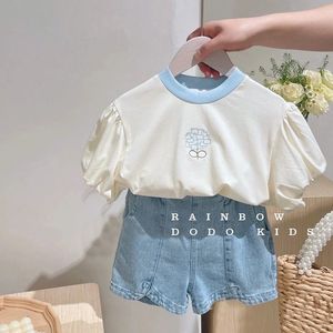 Kleding Sets Koreaanse Tieners Baby Kid Meisjes Borduurwerk T-shirt Zomer Korte Mouw Top Denim Shorts 2 stuks Outfits Meisje Kleding 230607