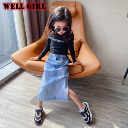 Conjuntos de ropa Ropa de moda vintage coreana niñas jeans falda hasta los tobillos faldas midi lado abierto abierto cintura alta pantalones de mezclilla 4 a 16 años 230630