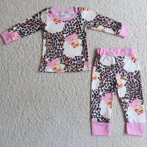 Kledingsets Leopard Print Pink Santa Claus Lovely Girl's Pyjama's Winter Lange Mouw Soft Christmas Dessen voor Girls 2pc Outfit